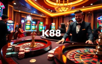 K88 Casino featuring stylish dealer at a vibrant gaming table with roulette and cards.