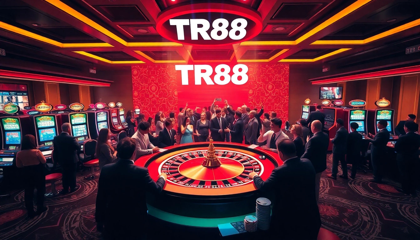 Players enjoying the vibrant TR88 casino atmosphere at a roulette table and slot machines.