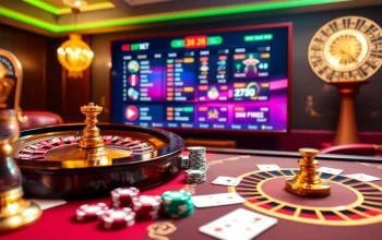 Engaging scene on the trang chủ 28bet featuring luxurious casino elements like poker chips and roulette wheels.