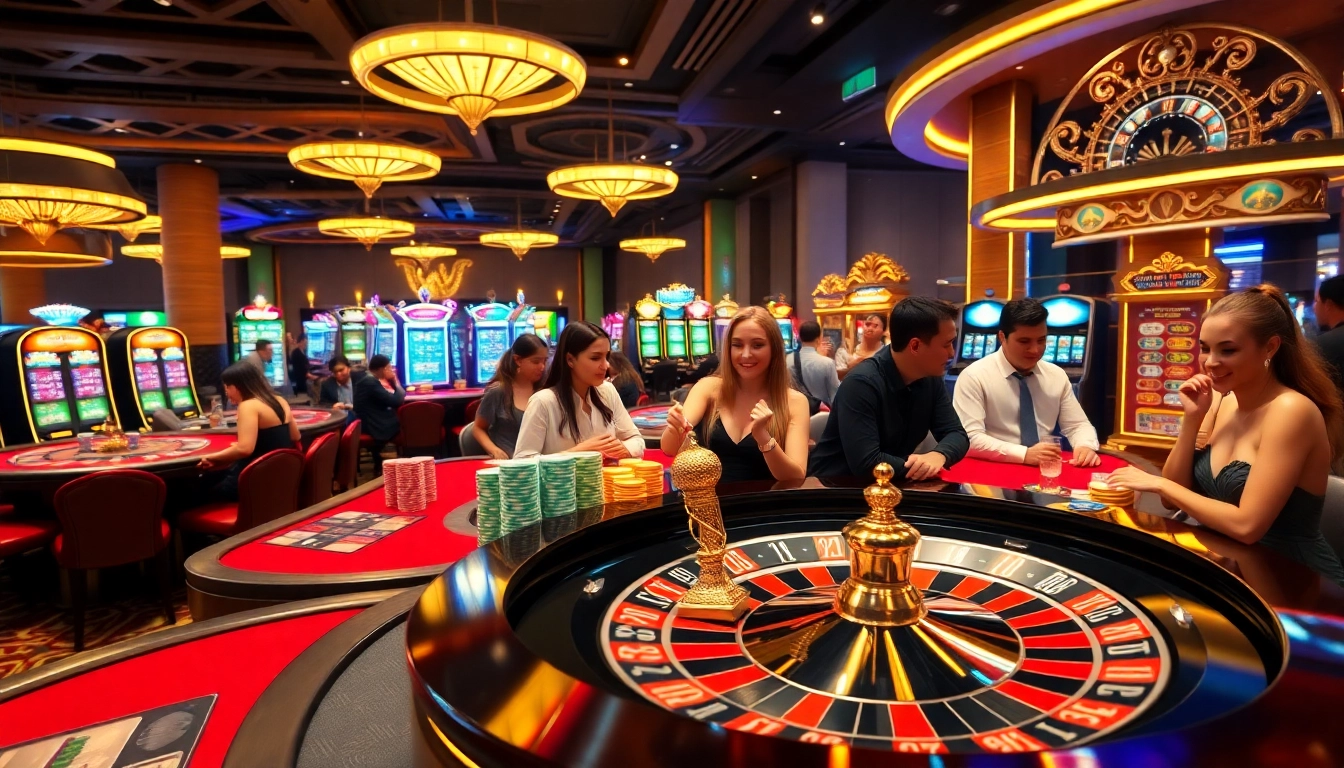 Image showcasing players enjoying gaming at https://thabet77.sa.com/, with vibrant tables and a roulette wheel.