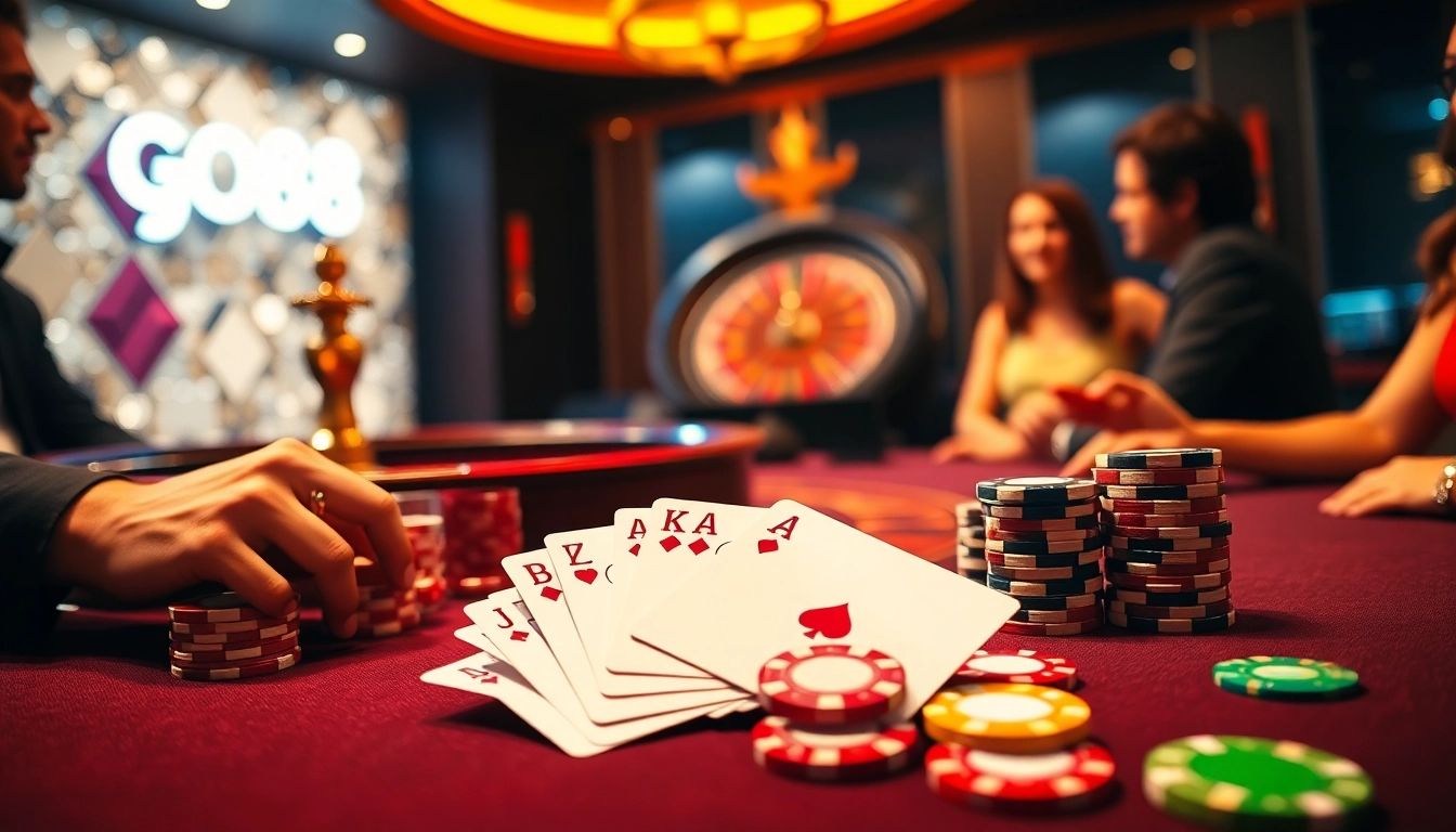 Action-packed gambling scene at GO88 casino, featuring poker tables and vibrant night lights.