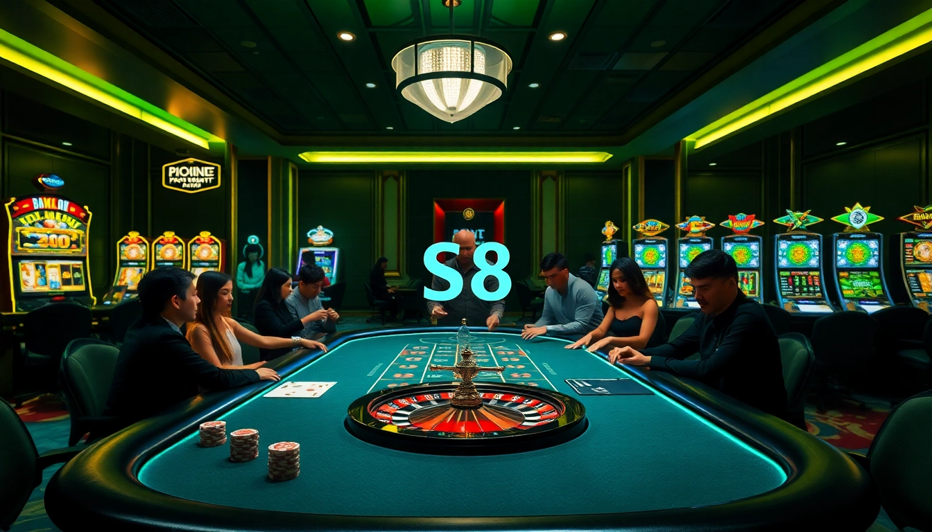 S8 casino scene featuring luxury gaming tables and excited players enjoying a thrilling gambling experience.