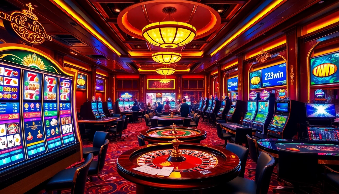 Experience thrilling gameplay at 23win com with vibrant casino visuals showcasing slot machines, poker, and roulette.
