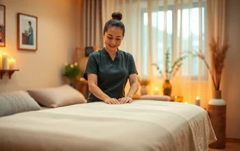 Relaxing scene of a 수원출장마사지 with a young Thai therapist preparing for a calming home massage.