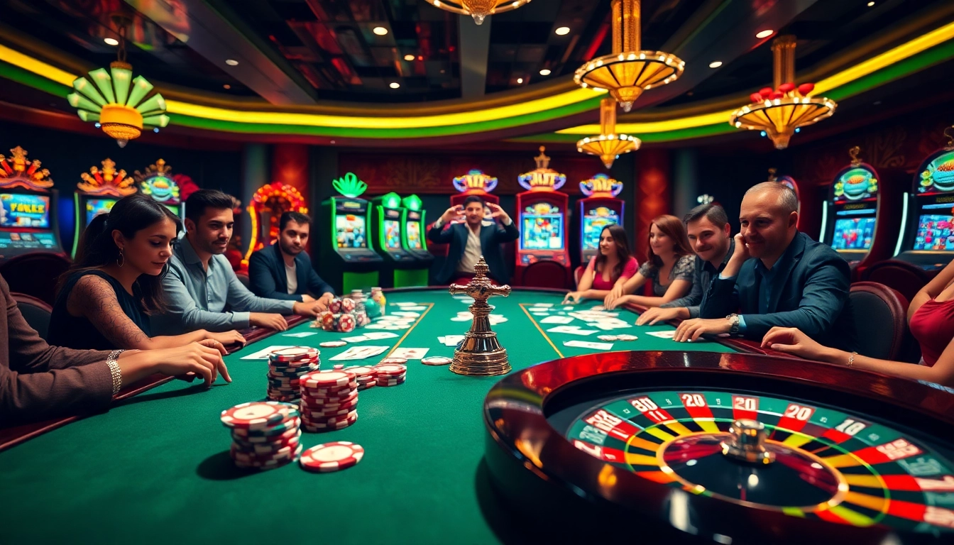 Players enjoying a vibrant casino atmosphere at https://f1686s.com/, with colorful poker chips and a roulette wheel.