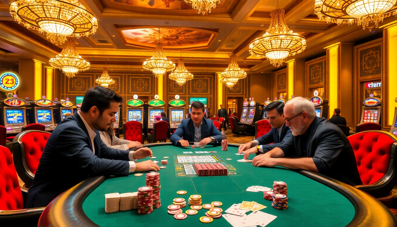 Players enjoying poker at a vibrant 23win casino table surrounded by excitement and luxury.