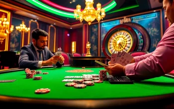 Experience high-stakes poker at Luck8, showcasing vibrant casino tables and elegant décor.