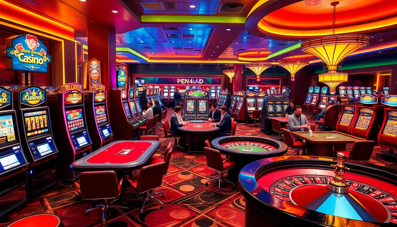 Players enjoying exciting slot games at pen4d casino, showcasing vibrant machines and a lively atmosphere.