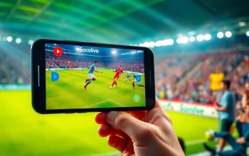 Socolive live streaming football match on a smartphone with fans cheering in the background.