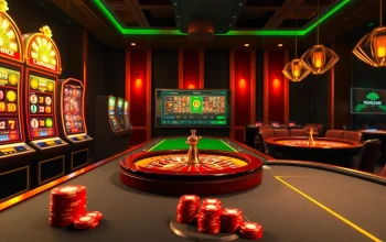Engaging scene of a lively casino inspired by nohu90.social with vibrant slot machines and a roulette wheel.