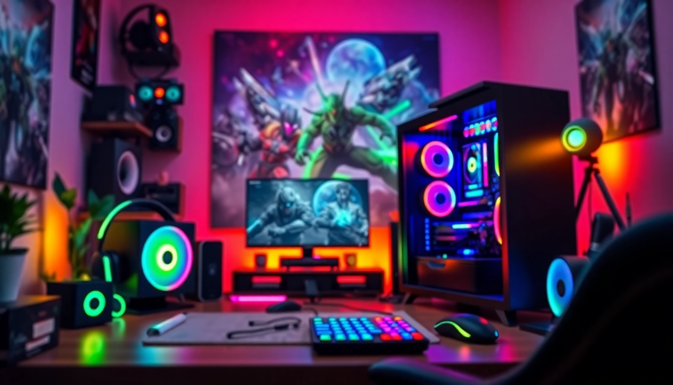 higame em um envolvente setup de jogo com iluminação RGB e periféricos organizados.